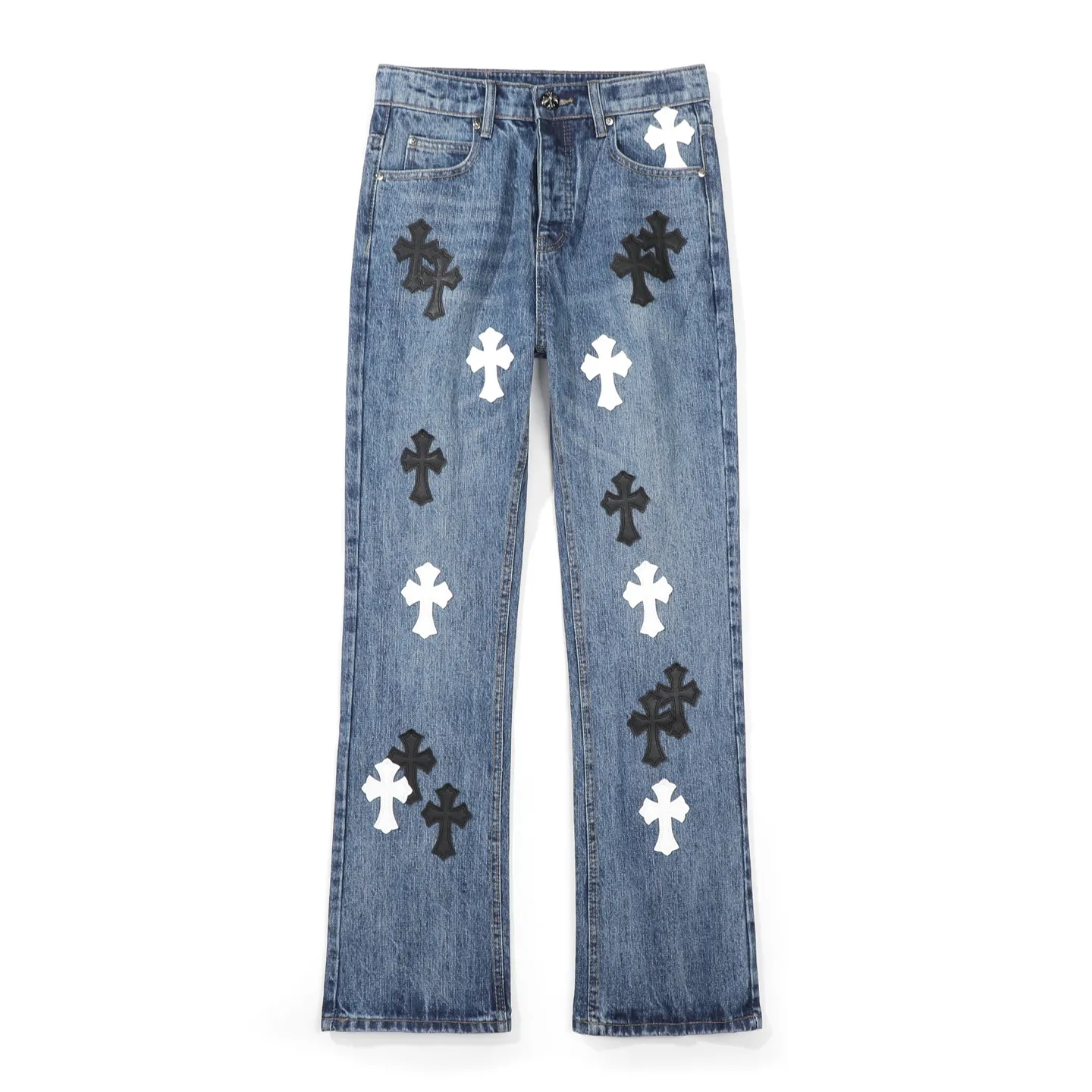 P270 ChromeHearts Chrome washed blue black and white leather straight pants, ceiling-level jeans, a pair is hard to find at the counter‼ ️About Zangyin✅This is an extremely luxurious fashion brand that can also be called the aristocracy of the high street. It has always been an exclusive brand for some hipsters or rich second generations. The color of this model is already very eye-catching by using a unique washed material. It is decorated with pink patch cross flowers, which cleverly highlights the charm of the brand. Secondly, this model adopts a classic high-waist cut design, which highlights the long legs and fashionable temperament of the upper body. The brand is highly recognizable and the slim-fitting configuration is more suitable for daily wear. The personality will be fashionable and the specifications can be seen at a glance. Materials and technology ✅ Needless to say, this point goes without saying. As an excellent craftsman brand, Zangyin's requirements for details and craftsmanship are really perfect. The washed color of this model has gone through a lot of processes, not to mention the embellishment of the denim appliqués. It is also purely handmade and sewn. Just like what they believe in, only handmade things have soul and have the meaning of wearing. A top-notch heavy-duty fashionable denim item, recommended by both hands‼ ️ Size: 28, 30, 32, 34, 36 (S-XXL) Color: blue Size reference: Pants length 100 102 104 106 106 Waist 72 76 80 84 88 Recommended weight S (about 110 pounds) M (about 120 pounds) L (about 140 pounds) XL (about 165) XXL (about 185)